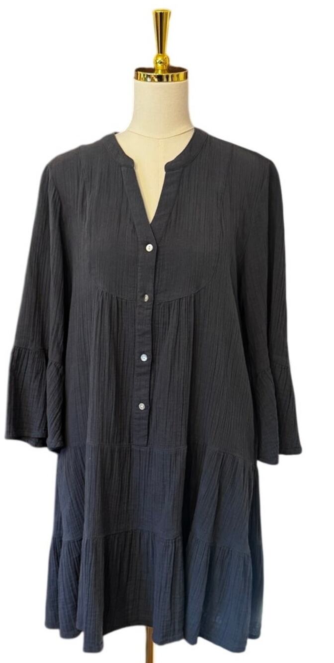 Quince Organic Cotton Gauze Tiered Mini Dress Indigo Blue Cottagecore Boho Med